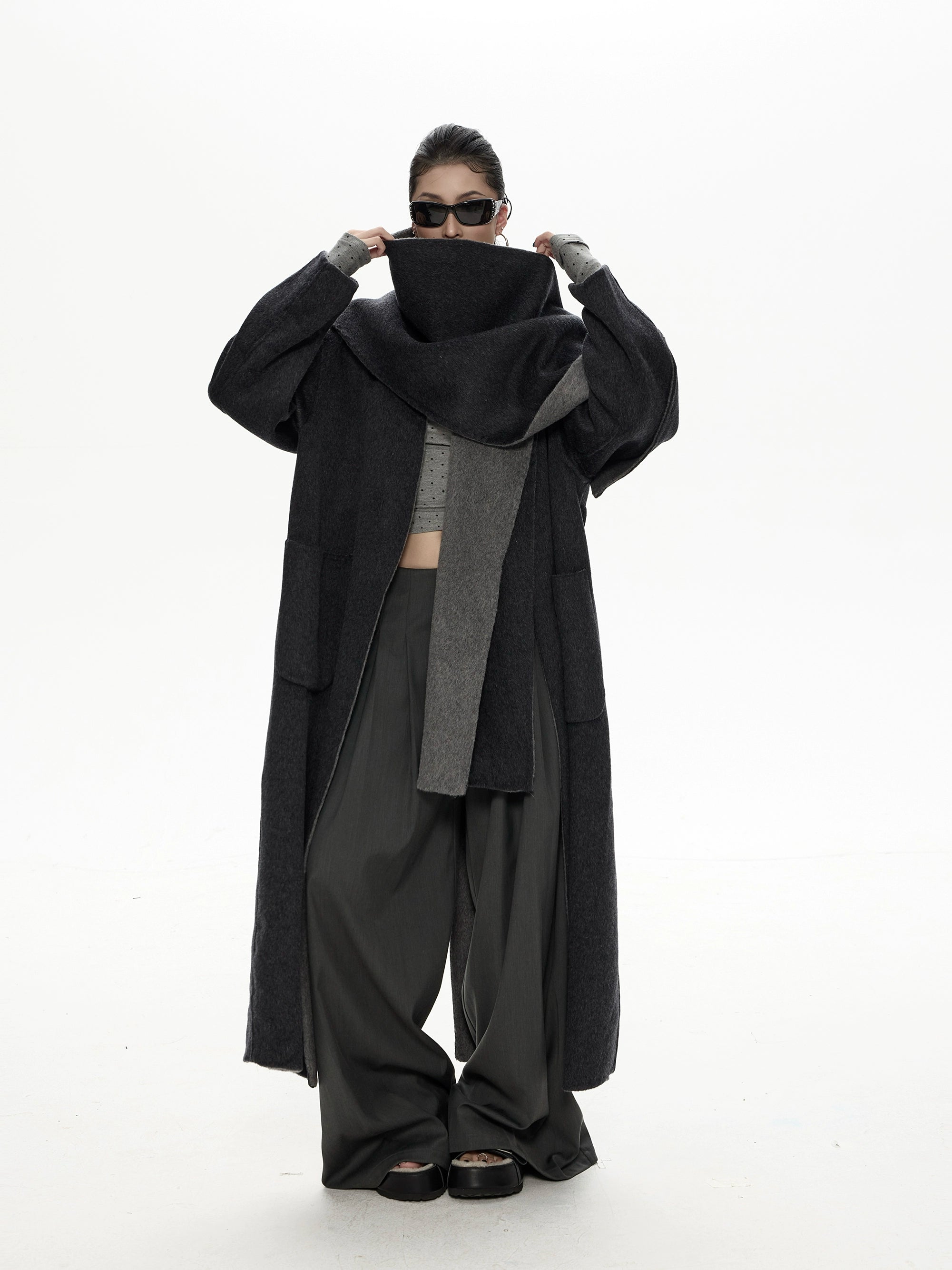 野生zero撞色长款廓形毛呢外套女秋冬新款设计感小众宽松加厚大衣