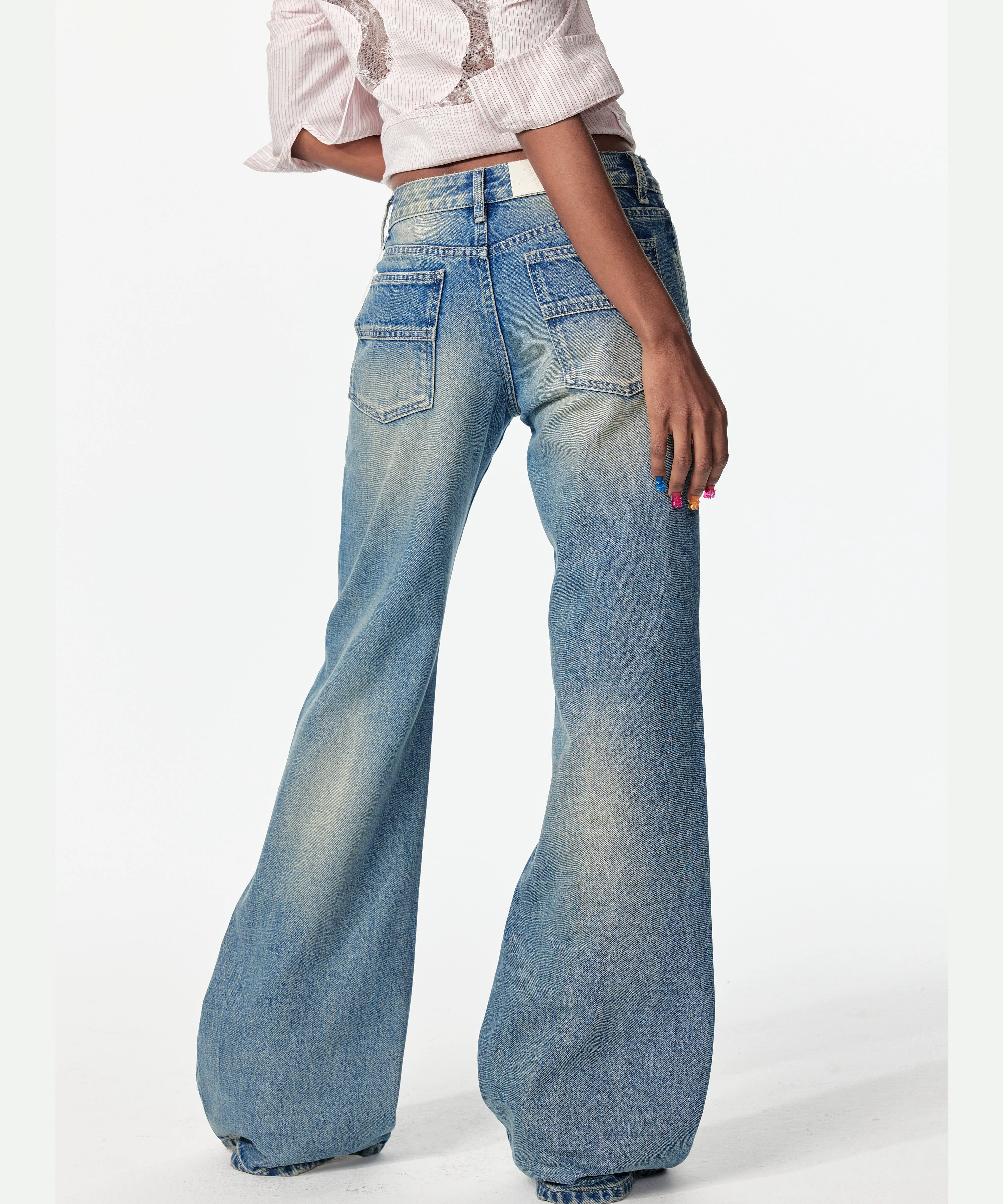 2th Desire美式复古重酵洗星落爱心烫钻低腰微喇浅色直筒牛仔裤女