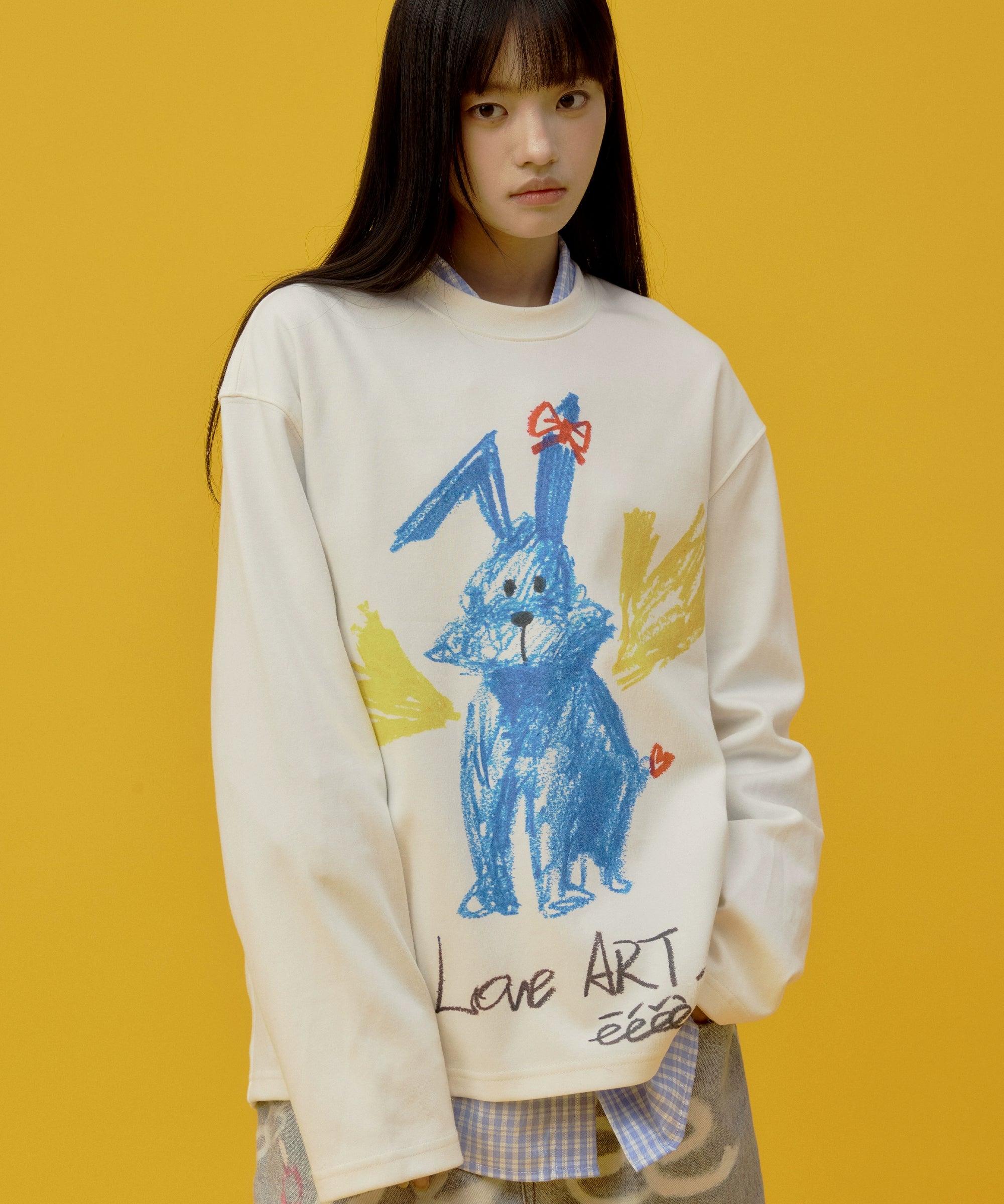 eeeeArtmonster“蓝色兔子”蜡笔手绘印花T恤重磅爱心兔长袖上衣