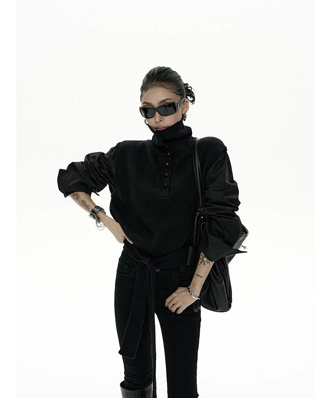 野生zero短款高领毛衣女秋冬新款设计感小众显瘦拼接长袖上衣外套