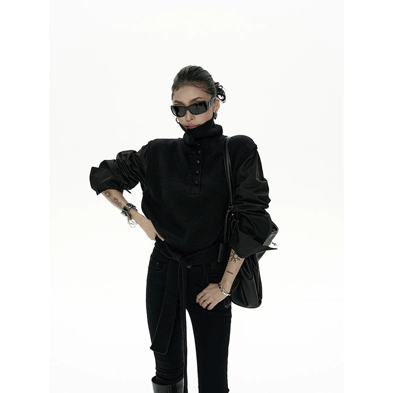 野生zero短款高领毛衣女秋冬新款设计感小众显瘦拼接长袖上衣外套