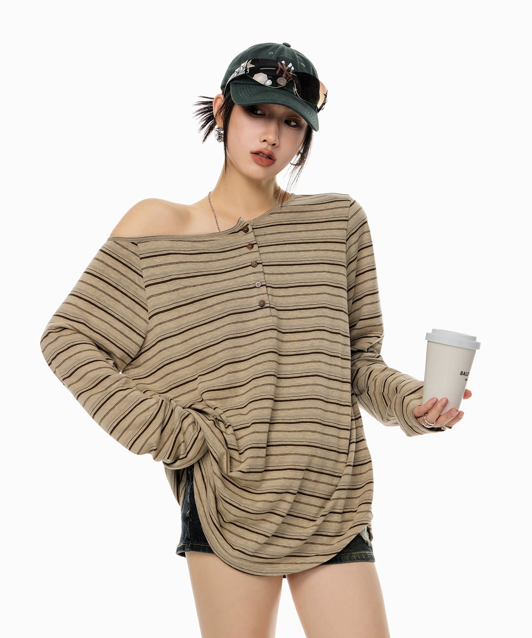 ICH MODE 美式复古斜肩T恤女2025新款秋冬露肩长袖宽松一字肩上衣