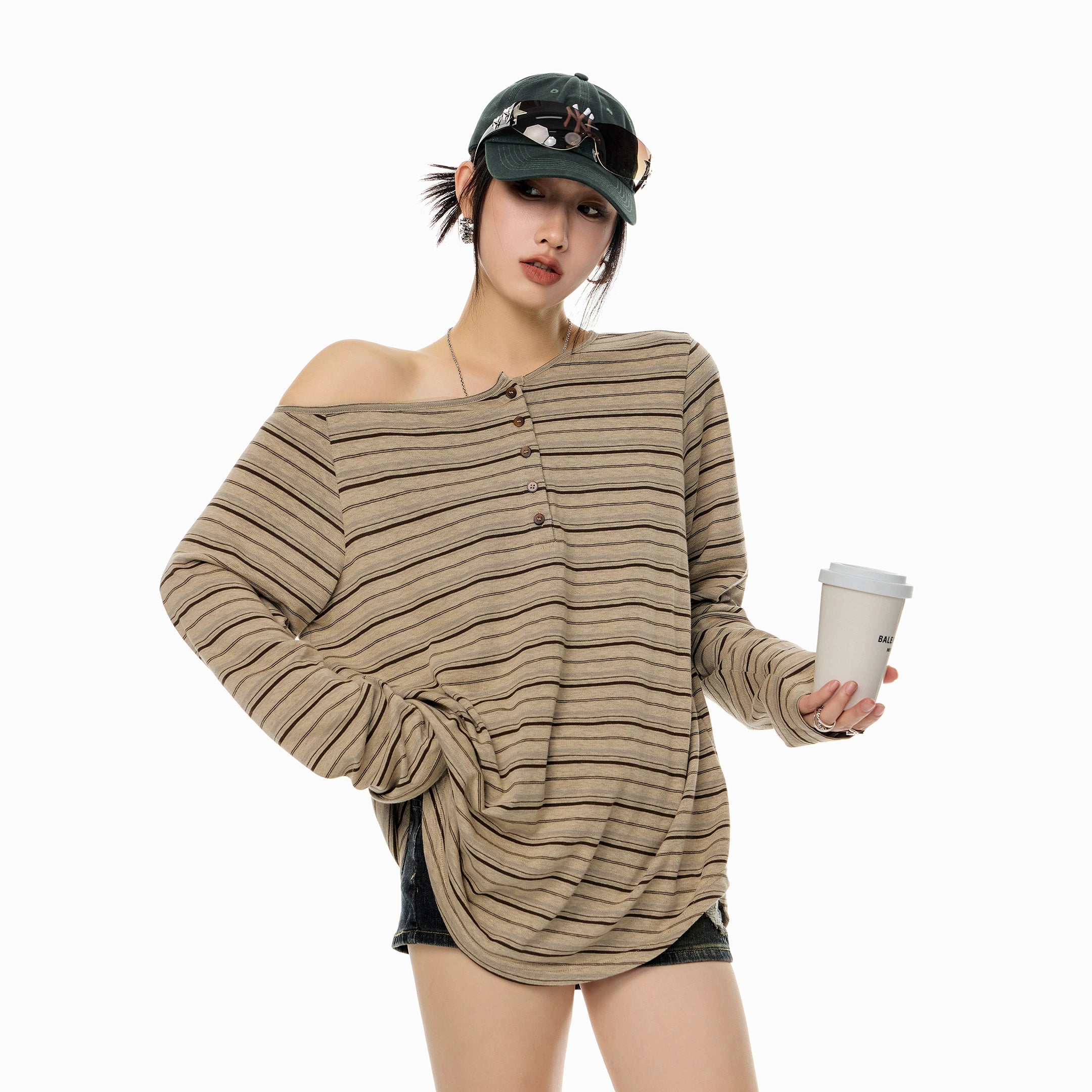 ICH MODE 美式复古斜肩T恤女2025新款秋冬露肩长袖宽松一字肩上衣