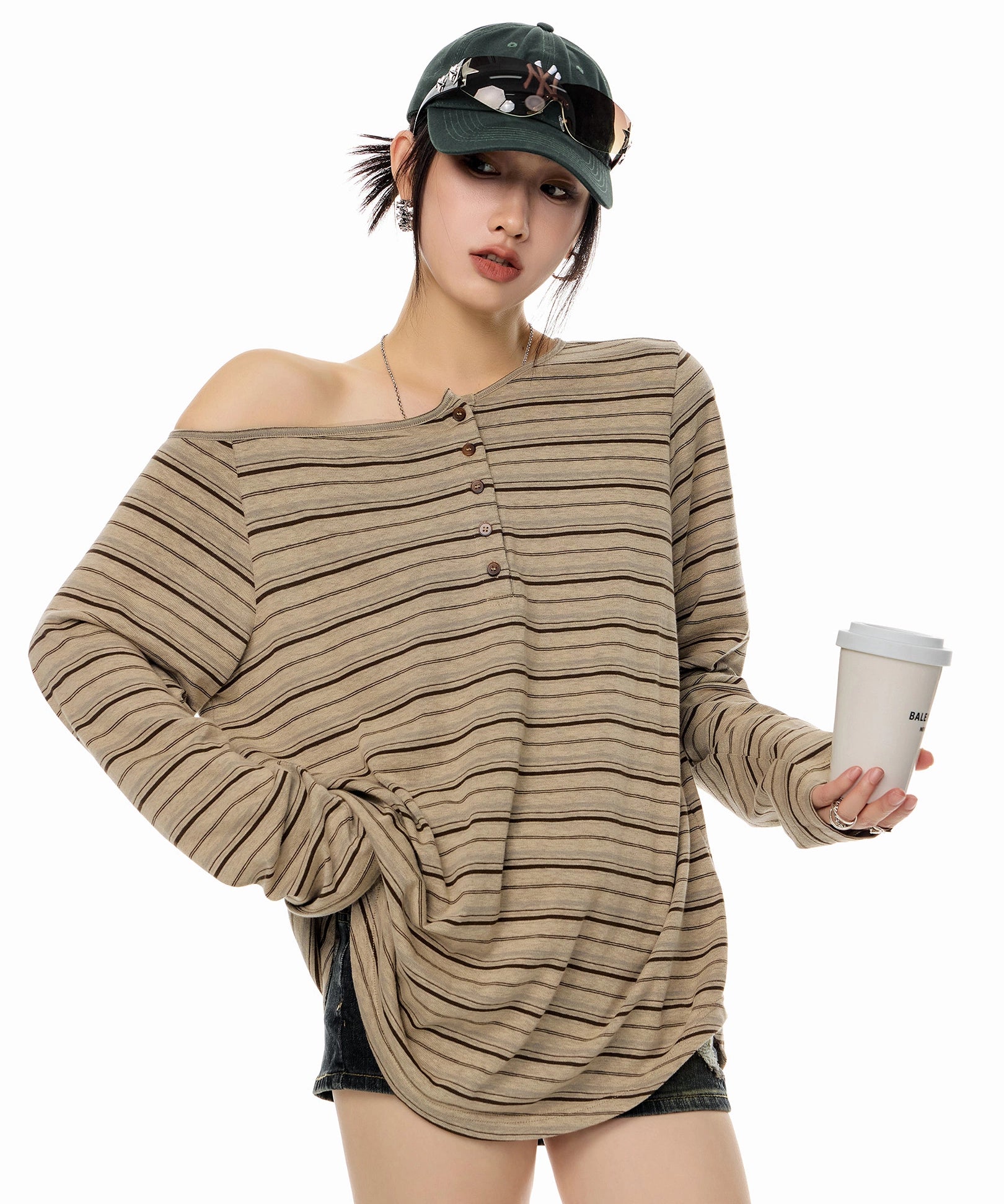 ICH MODE 美式复古斜肩T恤女2025新款秋冬露肩长袖宽松一字肩上衣