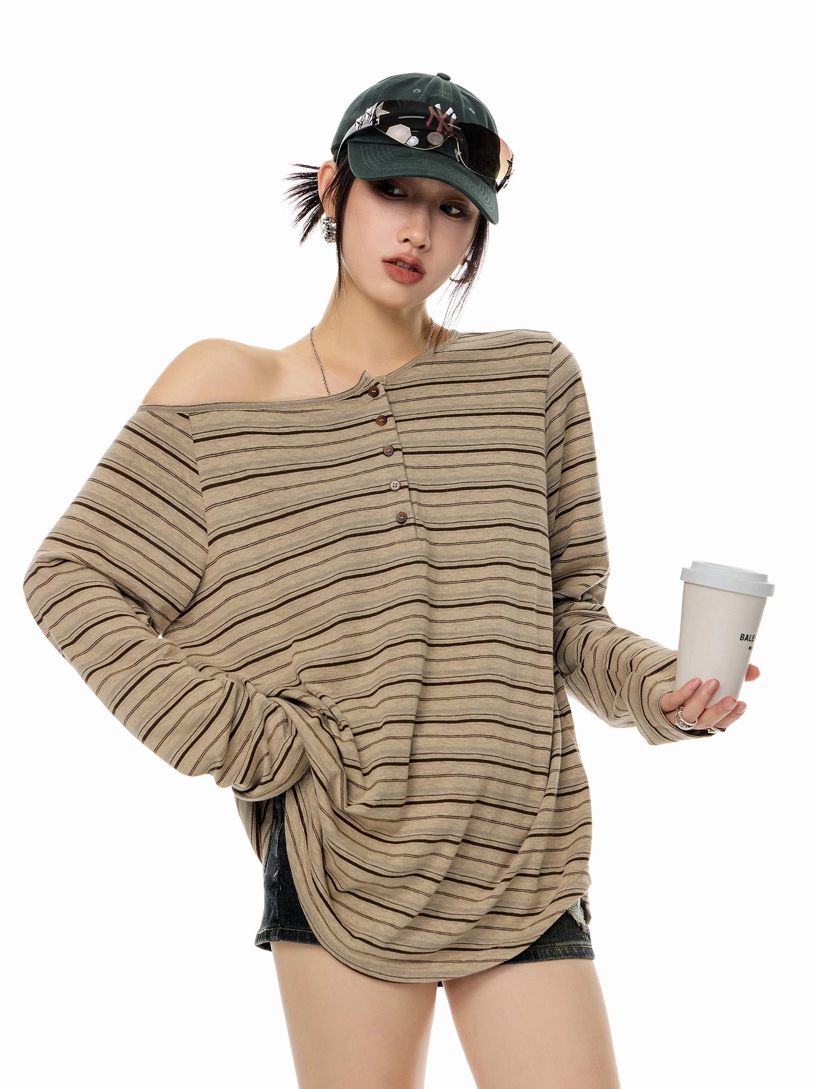 ICH MODE 美式复古斜肩T恤女2025新款秋冬露肩长袖宽松一字肩上衣