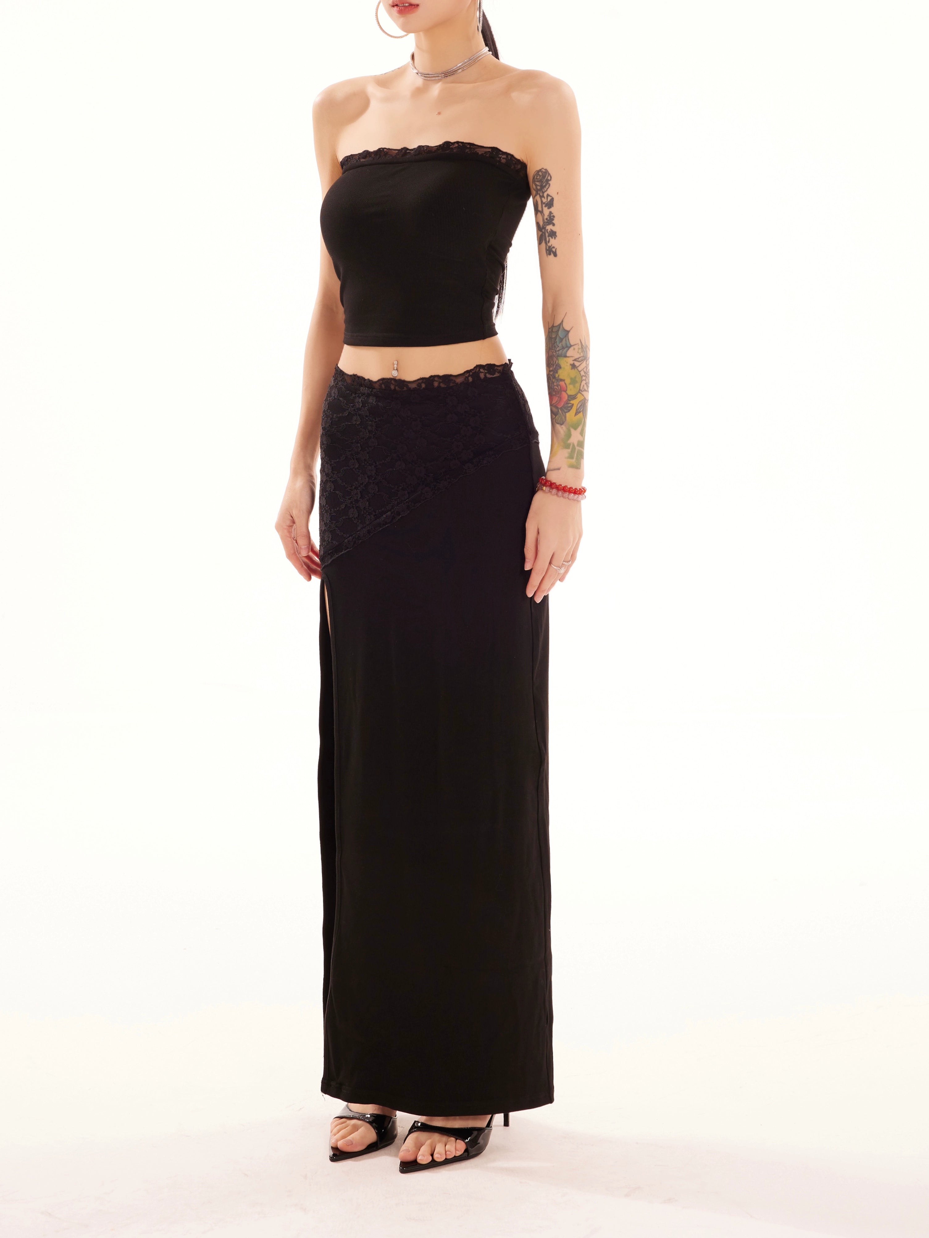 野生zero 辣妹抹胸女夏季黑色套装裙蕾丝外穿上衣直筒开叉长裙子