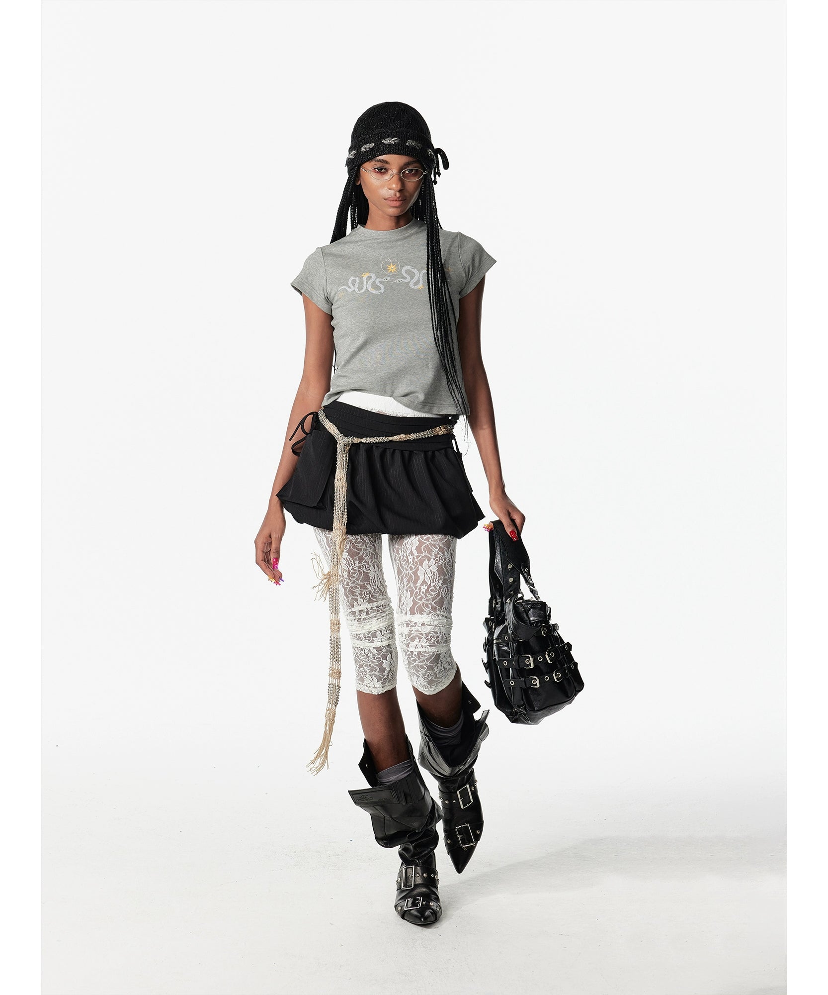 2th Desire蝴蝶结串珠绑带镂空立体花式包头帽织带针织帽毛线冷帽