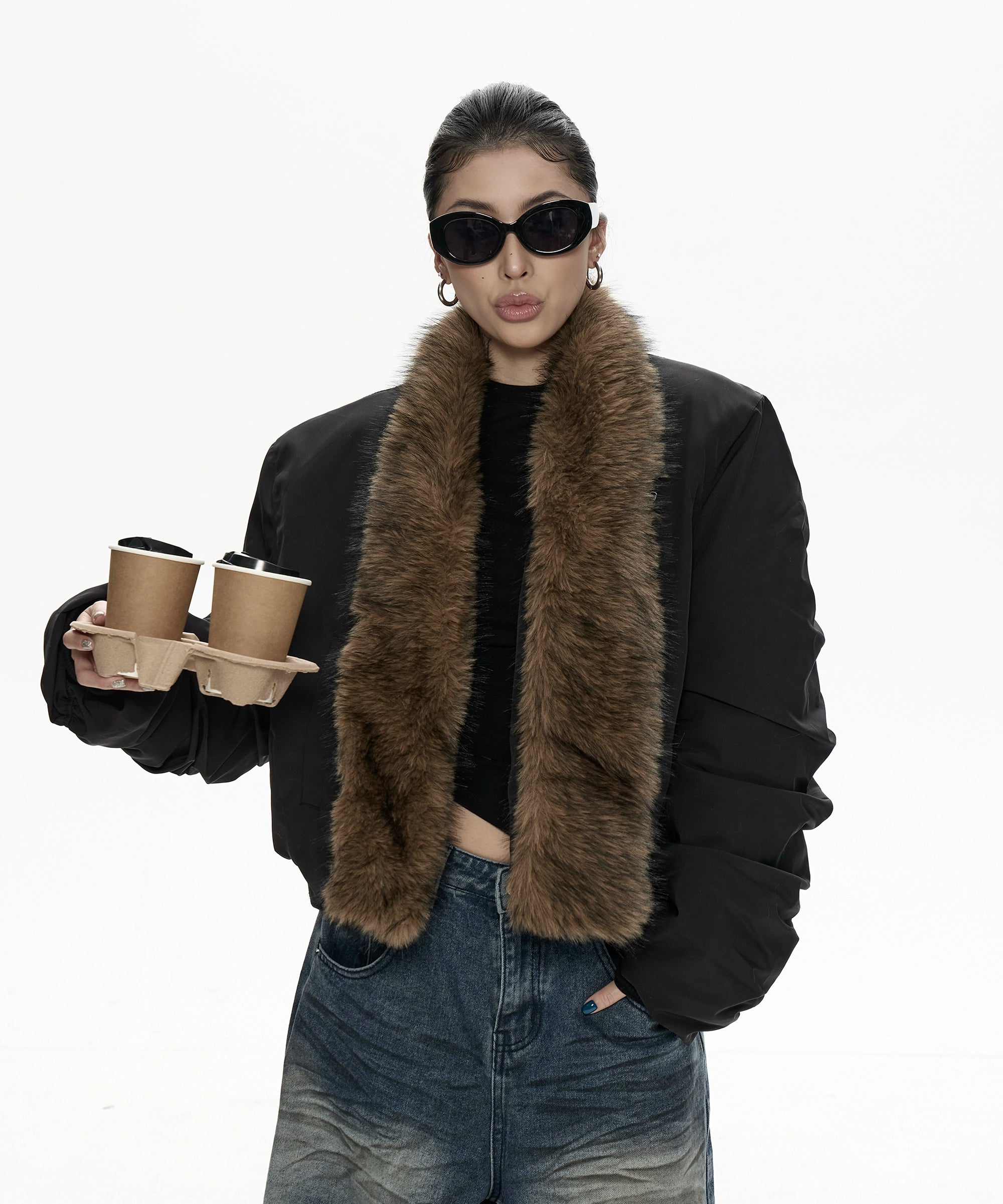 野生zero带毛领宽松加厚棉服女秋冬新款美式复古宽松开衫棉衣外套