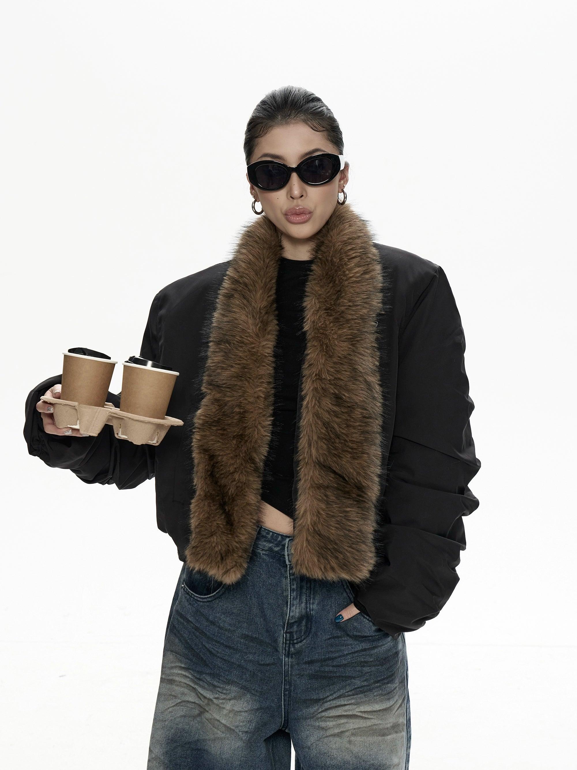 野生zero带毛领宽松加厚棉服女秋冬新款美式复古宽松开衫棉衣外套