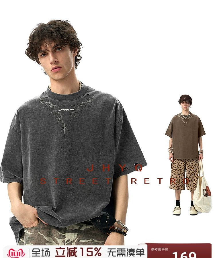 【李沛恩同款】JHYQ美式印花重磅磨毛水洗短袖T恤男宽松破洞五分