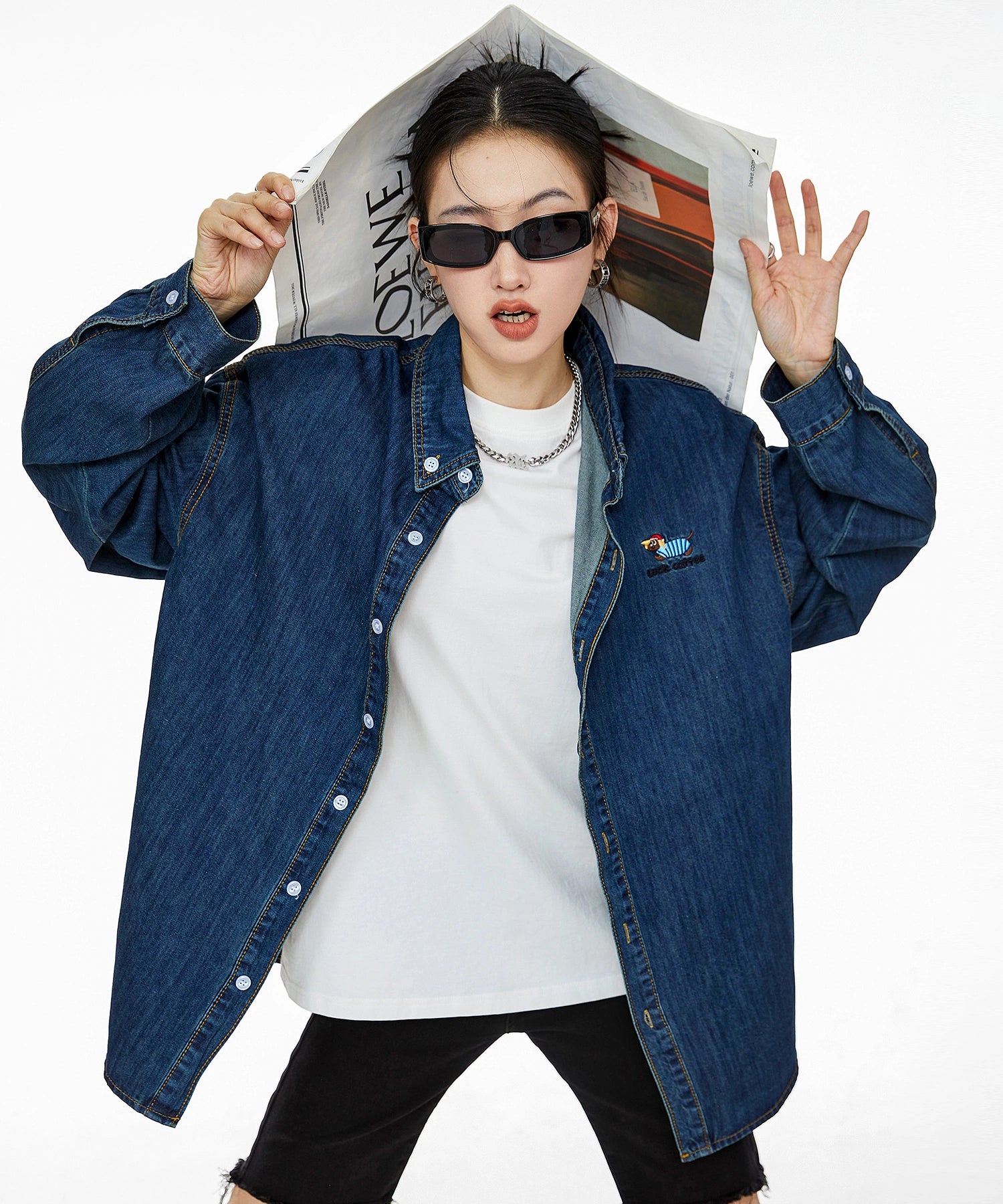 ICH MODE 美式复古刺绣长袖牛仔衬衫女秋冬百搭宽松休闲衬衣外套