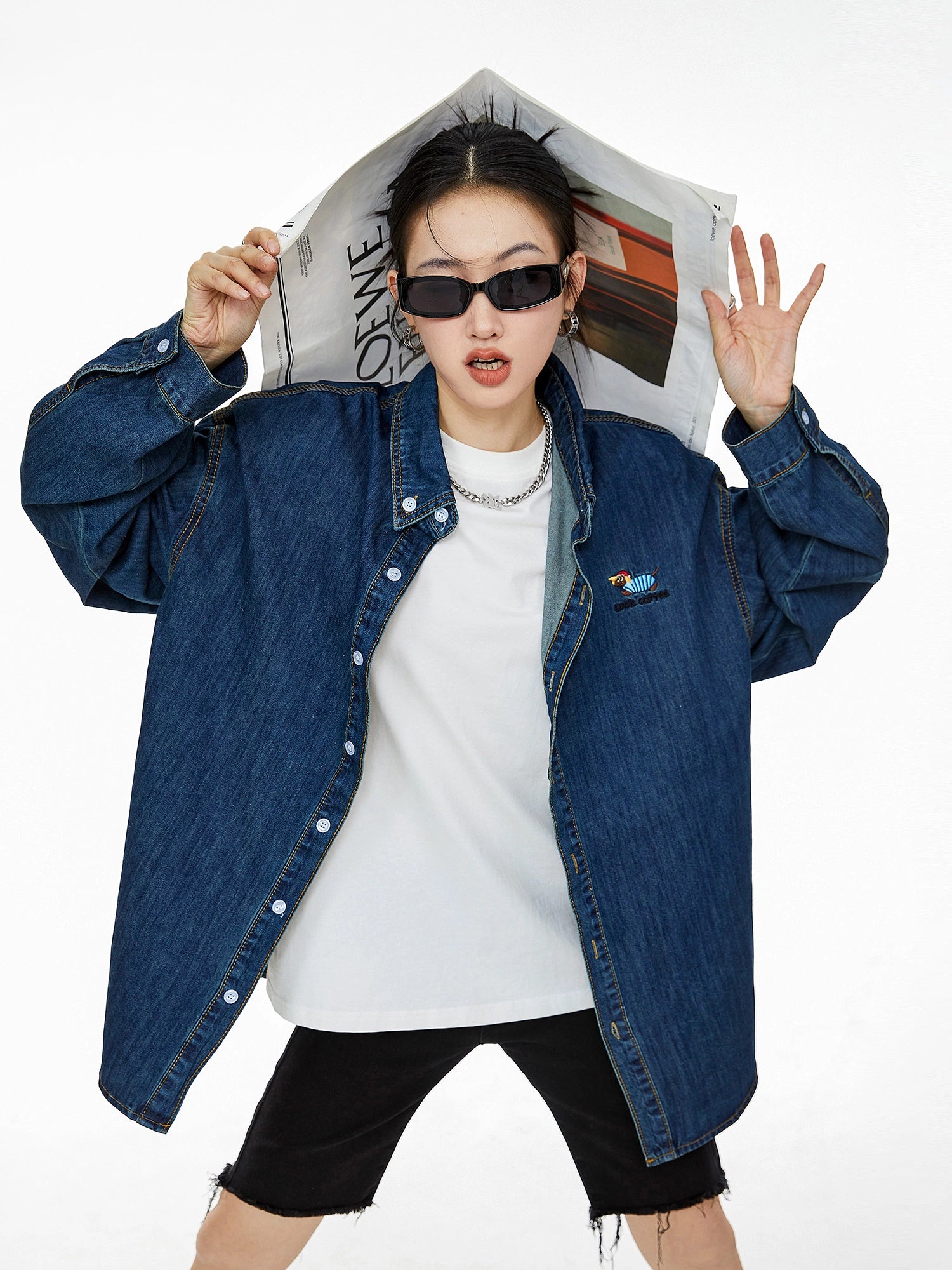 ICH MODE 美式复古刺绣长袖牛仔衬衫女秋冬百搭宽松休闲衬衣外套