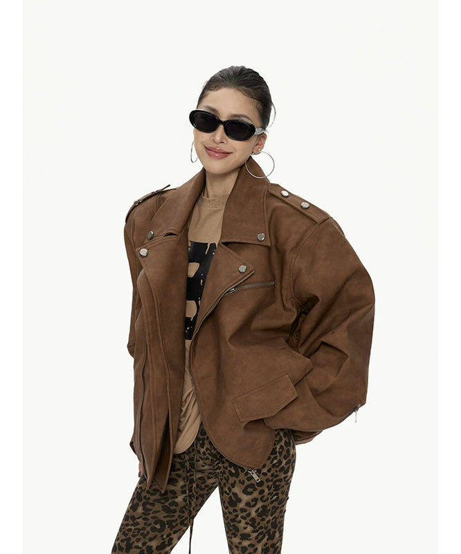 野生zero 美式复古廓形pu皮衣外套女秋冬新款酷飒风机车夹克上衣