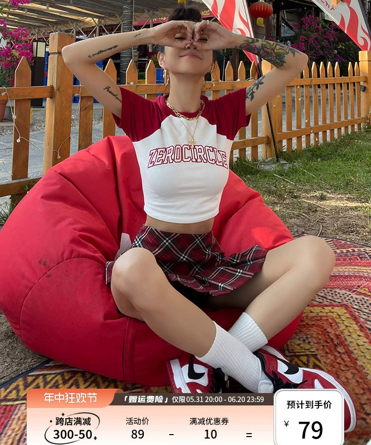 野生zero 绿蓝红色插肩短袖t恤女夏美式复古辣妹修身显瘦短款上衣